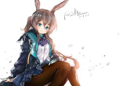 Rule 34 | 1girl, absurdres, amiya (arknights), animal ears, arknights, artist name, ascot, black jacket, black pantyhose, blue ascot, blue eyes, blue skirt, blush, brown hair, collar, dated, feet out of frame, hand on own leg, highres, jacket, jewelry, long hair, looking at viewer, multiple rings, open clothes, open jacket, open mouth, pantyhose, plaid, plaid skirt, pleated skirt, ponytail, rabbit ears, ring, rosem lin, shirt, simple background, sitting, skirt, solo, white background, white shirt