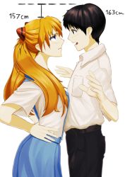Rule 34 | 1boy, 1girl, blue skirt, closed mouth, height chart, height comparison, height conscious, highres, ikari shinji, illust aqua, looking at another, neon genesis evangelion, open mouth, orange hair, pants, school uniform, simple background, size comparison, size difference, skirt, souryuu asuka langley, tokyo-3 middle school uniform, white background