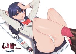 Rule 34 | 10s, 1girl, absurdres, arm behind head, arms up, artist name, ass, bare legs, black hair, black skirt, blue eyes, blush, bow, bowtie, breasts, brown footwear, c.honey, cameltoe, cardigan, copyright name, feet out of frame, grey cardigan, gridman universe, hand on own head, highres, legs up, lips, long hair, long sleeves, lying, medium breasts, miniskirt, on back, panties, parted lips, pink socks, pleated skirt, red bow, red bowtie, school uniform, shoes, skirt, socks, solo, ssss.gridman, takarada rikka, underwear, unfinished, upskirt, white background, white panties