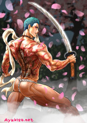 Rule 34 | 1boy, ass, ayukisa, back tattoo, bara, bead necklace, beads, blue hair, cherry blossoms, eyeshadow, from behind, fundoshi, holding, holding sword, holding weapon, irezumi, japanese clothes, jewelry, loincloth lift, looking at viewer, looking back, makeup, male focus, male underwear, mouth hold, muscular, muscular male, nape, necklace, petals, solo, sword, tattoo, textless version, thick thighs, thighs, touken ranbu, underwear, weapon, white male underwear, yamabushi kunihiro