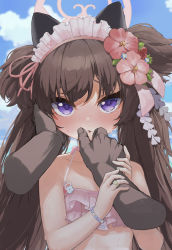 Rule 34 | 1boy, 1girl, absurdres, animal ears, arm grab, bare arms, bare shoulders, bikini, blue archive, blue sky, blush, brown hair, cat ears, cloud, collarbone, dark-skinned male, dark skin, day, disembodied limb, fake animal ears, flower, hair flower, hair ornament, halo, hands on another&#039;s cheeks, hands on another&#039;s face, hetero, highres, jewelry, lips, long hair, looking at viewer, maid headdress, pink bikini, pov, pov hands, purple eyes, ring, shizuko (blue archive), shizuko (swimsuit) (blue archive), sky, solo focus, sweat, swimsuit, syupon, twintails, very long hair