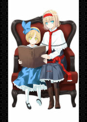 Rule 34 | 2girls, alice margatroid, alice margatroid (pc-98), armchair, black legwear, blonde hair, blue eyes, book, boots, bow, capelet, chair, dual persona, female focus, hairband, multiple girls, mystic square, nabeshima tetsuhiro, open book, pantyhose, pillarboxed, reading, simple background, sitting, smile, time paradox, touhou, touhou (pc-98), white legwear, yellow eyes