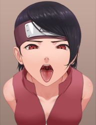 Rule 34 | 1girl, absurdres, bad id, bad pixiv id, bare shoulders, black hair, boruto: naruto next generations, breasts, brown background, collarbone, commentary request, from above, highres, looking at viewer, mil k vanilla, naruto, naruto (series), open mouth, oral invitation, red eyes, saliva, sharingan, short hair, simple background, small breasts, solo, teeth, tongue, tongue out, uchiha sarada, upper body, uvula