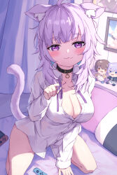 Rule 34 | 1girl, absurdres, ahoge, animal ear fluff, animal ears, black collar, breasts, cat ears, cat girl, cat tail, character doll, cleavage, collar, collarbone, collared shirt, commentary request, dress shirt, hand up, highres, hololive, indoors, inugami korone, inugami korone (1st costume), large breasts, long hair, long sleeves, looking at viewer, masaki (msk064), naked shirt, neck ribbon, nekomata okayu, nekomata okayu (1st costume), nekomata okayu (oversized shirt), nintendo switch, on bed, purple eyes, purple hair, purple ribbon, ribbon, shirt, sleeves past wrists, solo, tail, virtual youtuber, white shirt