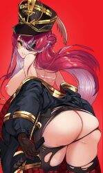 Rule 34 | 1girl, absurdres, ass, black gloves, black hat, black jacket, black pantyhose, blush, breasts, colored inner hair, commentary, cowboy shot, eyelashes, eyepatch, gloves, gold trim, hair between eyes, hair bun, hat, highres, hololive, houshou marine, houshou marine (marching band), jacket, leaning forward, lips, long hair, looking at viewer, medium breasts, multicolored hair, nipples, no panties, off shoulder, official alternate costume, one eye covered, open clothes, open jacket, orange eyes, pantyhose, parted lips, pink hair, red background, red hair, shako cap, simple background, single side bun, skindentation, smile, solo, standing, tomo0843, topless, torn clothes, torn pantyhose, two-tone hair, virtual youtuber