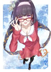 1girl, absurdres, adjusting eyewear, black hair, black legwear, blush, border, braid, breasts, brown hair, cleavage, collarbone, commentary request, dress, fate/grand order, fate (series), flower, glasses, hair flower, hair ornament, hairband, highres, huge filesize, jewelry, large breasts, long braid, long hair, looking at viewer, multicolored hair, niizuma 444, osakabe-hime (fate), pink hairband, pink lips, purple eyes, purple footwear, red-framed eyewear, red dress, ring, sailor collar, solo, thighhighs, twin braids, two-tone hair, very long hair, white border