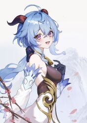 Rule 34 | 1girl, ahoge, backless outfit, bare shoulders, bell, blue gloves, blue hair, blush, bow, breasts, cherry blossoms, detached sleeves, from side, ganyu (genshin impact), genshin impact, gloves, highres, horns, kirie (1987182140), long hair, looking at viewer, low ponytail, medium breasts, neck bell, open mouth, petals, purple eyes, sideboob, sidelocks, smile, solo, upper body, waist cape, white sleeves