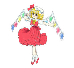 Rule 34 | 1980s (style), bad id, bad twitter id, blonde hair, bloomers, bow, bowtie, commentary request, crystal, flandre scarlet, frilled shirt collar, frills, hat, hat ribbon, mob cap, oldschool, orange eyes, puffy short sleeves, puffy sleeves, red footwear, red ribbon, red skirt, red vest, retro artstyle, ribbon, shirt, short hair, short sleeves, simple background, skirt, socks, takemoto izumi (style), touhou, underwear, vest, white background, white hat, white shirt, white socks, wings, wristband, yatyou, yellow bow, yellow bowtie
