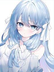 Rule 34 | 1girl, absurdres, blue eyes, blue hair, bow, bow earrings, commentary, earrings, hair bow, highres, holding, holding own hair, jewelry, long hair, morino wako, original, solo, swept bangs, symbol-only commentary, white bow