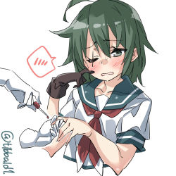 Rule 34 | 10s, 1girl, ahoge, bad id, bad twitter id, blush, brown gloves, collarbone, commentary request, ebifurya, gloves, green eyes, green hair, hair between eyes, hand up, highres, inactive account, kantai collection, kiso (kancolle), applying manicure, nail polish, neckerchief, one-hour drawing challenge, one eye closed, open mouth, painting nails, scar, scar across eye, scar on face, school uniform, serafuku, short sleeves, simple background, single glove, solo focus, spoken blush, sweat, twitter username, upper body, white background