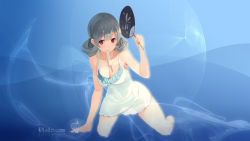 Rule 34 | 1girl, bare legs, bare shoulders, blunt bangs, blush, breasts, camisole, cleavage, closed mouth, collarbone, dlsite.com, double bun, dress, food, food in mouth, full body, grey hair, hair bun, hand fan, hand up, highres, holding, holding fan, kneeling, large breasts, legs apart, looking at viewer, mouth hold, paper fan, parsley-f, popsicle, purple eyes, sidelocks, solo, thighs, uchiwa, wallpaper, watermark, web address, white dress, xi lily
