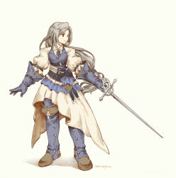 Rule 34 | 1girl, absurdres, blue eyes, blue footwear, blue gloves, blue vest, boots, braid, braided ponytail, dress, final fantasy, final fantasy xvi, foxmonaut77, gloves, grey hair, hair over shoulder, highres, holding, holding sword, holding weapon, jill warrick, long hair, looking to the side, low-tied long hair, no nose, puffy sleeves, rapier, side braid, simple background, single braid, skirt, solo, standing, sword, vest, weapon, white background, white dress