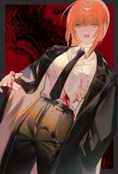 Rule 34 | 1girl, abstract background, black coat, black necktie, black pants, blood, blood on clothes, braid, chainsaw man, coat, cowboy shot, dutch angle, highres, long hair, makima (chainsaw man), necktie, open mouth, pants, pink hair, sidelocks, smile, solo, uyu 1028, wing collar