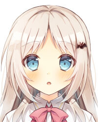 Rule 34 | 1girl, bat hair ornament, blue eyes, blush, bow, close-up, collared shirt, commentary request, eyelashes, fang, grey hair, hair ornament, haruchimo, highres, little busters!, little busters! school uniform, long hair, looking at viewer, noumi kudryavka, open mouth, parted bangs, pink bow, school uniform, shirt, sidelocks, simple background, solo, straight-on, straight hair, white background, white shirt