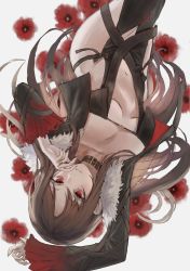 Rule 34 | 1girl, bare shoulders, black dress, black jacket, blush, breasts, brown hair, center opening, cleavage, collarbone, dress, earrings, fate/grand order, fate (series), flower, fur-trimmed jacket, fur trim, gold can, highres, jacket, jewelry, long hair, long sleeves, looking at viewer, multiple earrings, navel, open clothes, open jacket, parted lips, red eyes, revealing clothes, ribbon-trimmed dress, strapless, strapless dress, thighs, upside-down, very long hair, yu mei-ren (fate)