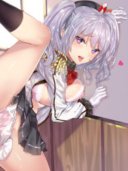 Rule 34 | 10s, 1girl, aimee (emi), aimee (origin), beret, blue eyes, bra, breasts, epaulettes, covered erect nipples, gloves, hat, heart, highres, implied sex, kantai collection, kashima (kancolle), large breasts, long hair, looking at viewer, military, military uniform, open mouth, out of frame, panties, silver hair, spread legs, tsurime, twintails, underwear, uniform, wavy hair, white gloves