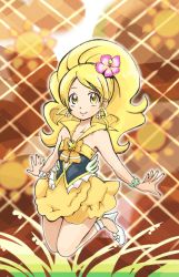 Rule 34 | 10s, 1girl, adapted costume, alternate costume, bad id, bad pixiv id, bare shoulders, blonde hair, boots, brooch, cure honey, dress, earrings, eyelashes, flower, hair flower, hair ornament, happinesscharge precure!, happy, heart, heart brooch, high heel boots, high heels, jewelry, jumping, long hair, looking at viewer, magical girl, milton (nontan-93bellcat), nontan-93bellcat, oomori yuuko, ponytail, precure, ribbon, skirt, smile, solo, wide ponytail, wrist cuffs, yellow eyes