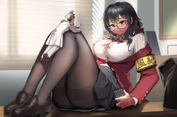 Rule 34 | 1boy, 1girl, absurdres, armband, azur lane, black hair, bow, bowtie, brown bow, brown bowtie, classroom, commander (azur lane), desk, giant, giantess, glasses, grey skirt, hand on own chest, hat, hetero, highres, indoors, jacket, kkasi00, loafers, long hair, looking at another, military, military uniform, mini person, miniboy, naval uniform, on desk, open clothes, open shirt, pantyhose, peaked cap, phone, red eyes, red jacket, shirt, shoes, short hair, sitting, on desk, size difference, skirt, smile, taihou (azur lane), taihou (sweet time after school) (azur lane), thighband pantyhose, uniform, white headwear, white jacket, white shirt, yellow armband