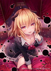 Rule 34 | 1girl, akkijin, bed, blonde hair, breasts, curtains, darkness, demon girl, demon horns, flower, horns, looking at viewer, official art, on bed, orb, red eyes, red flower, red rose, rose, shinkai no valkyrie, small breasts, solo, tongue, tongue out, uniform