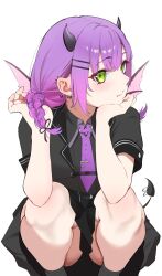 1girl :t black_horns black_jacket black_skirt black_socks blush braid bunching_hair collared_shirt commentary_request convenient_skirt demon_girl demon_horns demon_tail demon_wings double-parted_bangs ear_piercing earrings elbows_on_knees green_eyes hair_ornament hairclip hand_on_own_chin head_rest heart heart_earrings highres hololive hoop_earrings horns jacket jewelry looking_at_viewer low_twin_braids low_twintails medium_hair mini_wings miniskirt necktie nikki_diaryy official_alternate_costume official_alternate_hairstyle piercing pink_hair pleated_skirt pointy_ears purple_hair purple_necktie school_uniform shirt short-sleeved_jacket short_sleeves sidelocks simple_background skirt sleeve_cuffs socks solo spike_piercing squatting tail tail_ornament tail_piercing tokoyami_towa tokoyami_towa_(school_uniform) twin_braids twintails upskirt virtual_youtuber white_background wings