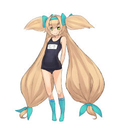 Rule 34 | 1girl, absurdly long hair, aqua bow, aqua socks, arc system works, blazblue, blazblue: continuum shift, blonde hair, bow, chiwino, green eyes, hair bow, heart, heart-shaped pupils, long hair, looking at viewer, low-tied long hair, one-piece swimsuit, platinum the trinity, quad tails, school swimsuit, simple background, smile, socks, swimsuit, symbol-shaped pupils, text focus, translated, very long hair, white background