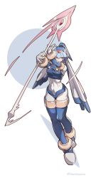 Rule 34 | 1girl, armor, blue eyes, boots, facing viewer, highres, holding, holding weapon, huanxiang huifeng, fairy leviathan (mega man), mega man (series), mega man zero (series), polearm, spinning weapon, thigh boots, thighhighs, walking, weapon