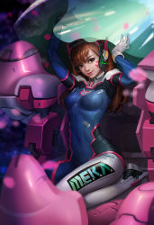 Rule 34 | 1girl, arms up, bodysuit, breasts, brown eyes, brown hair, cockpit, covered navel, d.va (overwatch), facial mark, gloves, headphones, looking at viewer, lucidsky, mecha, meka (overwatch), nose, overwatch, overwatch 1, pilot suit, robot, skin tight, small breasts, smile, solo, swept bangs, upper body, whisker markings, white gloves