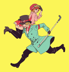 Rule 34 | 1boy, 1girl, armband, black footwear, black pants, black thighhighs, blonde hair, blue coat, carrying, carrying over shoulder, carrying person, coat, commentary request, dress, frilled shirt, frilled sleeves, frills, gloves, goggles, goggles on headwear, hat, hatch (8cco), high heels, holding, holding stick, koala (one piece), necktie, one piece, orange hair, pants, pink shirt, red shirt, running, sabo (one piece), scar, scar on face, shirt, short dress, short hair, simple background, stick, thighhighs, top hat, yellow background