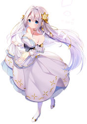 Rule 34 | 1girl, absurdres, bare shoulders, blue eyes, blue footwear, blush, breasts, brown flower, cleavage, closed mouth, copyright request, detached sleeves, dress, flower, full body, hair flower, hair ornament, high heels, highres, kisaragi yuri, long hair, long sleeves, looking at viewer, medium breasts, official art, pantyhose, puffy long sleeves, puffy sleeves, shoes, silver hair, simple background, skirt hold, smile, solo, standing, strapless, strapless dress, very long hair, white background, white dress, white pantyhose, white sleeves