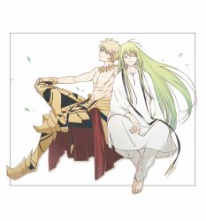 Rule 34 | 1boy, 1other, androgynous, armor, blonde hair, closed eyes, earrings, enkidu (fate), fate/grand order, fate/stay night, fate/strange fake, fate/zero, fate (series), faulds, gauntlets, gilgamesh (fate), greaves, green hair, highres, jewelry, long hair, necklace, nekota (ta neko0), profile, red eyes, robe, sitting, toga, topless, white background, white robe
