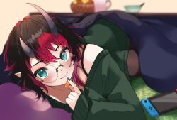 Rule 34 | 1girl, nanashi inc., alternate costume, black-framed eyewear, black hair, blanket, blue eyes, blurry, blurry background, blush, bowl, breasts, brown pantyhose, closed mouth, commentary request, cup, demon girl, demon horns, feet out of frame, food, fruit, glasses, green sweater, highres, horns, kotatsu, long sleeves, looking at viewer, multicolored hair, nintendo switch, off shoulder, orange (fruit), orange slice, pantyhose, pillow, pointy ears, red hair, round eyewear, ryugasaki rene, short hair, small breasts, smile, solo, sugar lyric, sweater, table, two-tone hair, under kotatsu, under table, virtual youtuber, zono (inokura syuzo029)