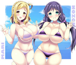 Rule 34 | 10s, 2girls, akikaze tsumuji, bikini, blonde hair, braid, breast press, breasts, brown eyes, character name, cleavage, commentary request, gluteal fold, green eyes, grin, groin, huge breasts, in-franchise crossover, long hair, looking at viewer, love live!, love live! school idol project, love live! sunshine!!, midriff, multiple girls, navel, ohara mari, purple bikini, purple hair, short hair, smile, standing, swimsuit, symmetrical docking, teeth, thighs, tojo nozomi, twintails