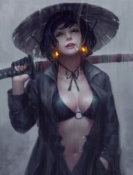 Rule 34 | 1girl, absurdres, bikini, bikini top only, black bikini, black hair, black jacket, blue eyes, breasts, breasts apart, cigarette, commentary, earrings, glowing, glowing earrings, guweiz, hand in pocket, hat, head tilt, highres, holding, holding sword, holding weapon, jacket, jewelry, katana, long sleeves, looking at viewer, medium breasts, mouth hold, navel, open clothes, open jacket, original, parted lips, rain, realistic, sheath, sheathed, short hair, smoke, solo, swimsuit, sword, weapon, wet