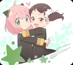 Rule 34 | 2girls, :d, ahoge, anya (spy x family), becky blackbell, black dress, black hair, blush, brown eyes, closed mouth, commentary request, copyright name, cropped torso, dress, green eyes, hair between eyes, heart, hug, jigatei (omijin), long sleeves, multiple girls, open mouth, outstretched arms, parted bangs, pink hair, smile, spy x family, star (symbol), twintails, upper body