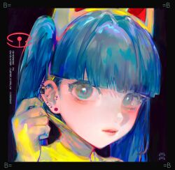 Rule 34 | 1girl, animal ears, b=conumi (leper kamilah), best happiness, black border, blue eyes, blue hair, blunt bangs, border, cat ears, clothes pull, ear piercing, earrings, gloves, hand up, highres, jewelry, long hair, looking at viewer, original, parted lips, piercing, romaji commentary, solo, twintails, upper body, yellow gloves