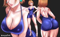 Rule 34 | 1girl, ass, ass focus, assymptoad, asymmetrical bangs, backless dress, backless outfit, black footwear, breasts, brown eyes, brown hair, cleavage, collarbone, dress, earrings, formal, hair between eyes, hand up, high heels, highres, jewelry, jujutsu kaisen, kugisaki nobara, lipgloss, lips, lipstick, looking at viewer, low-cut dress, makeup, muscular, muscular female, open mouth, short dress, short hair, smile, standing, tight clothes, tight dress, toned, toned female