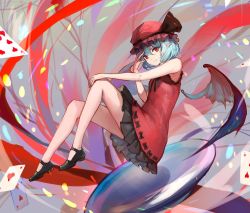 Rule 34 | 1girl, alternate costume, bare arms, bare shoulders, bat wings, blue hair, card, dress, full body, hat, hat ribbon, highres, looking at viewer, mob cap, no socks, pointy ears, red eyes, remilia scarlet, ribbon, sishenfan, sleeveless, sleeveless dress, smile, solo, touhou, wings