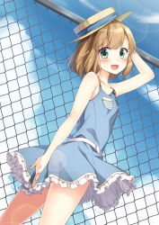 Rule 34 | 1girl, :d, belt, blush, brown hair, chain-link fence, covering privates, covering ass, dress, dutch angle, fence, green eyes, hat, lens flare, looking back, masuishi kinoto, open mouth, original, shima (shima je), short hair, smile, solo