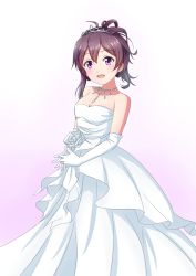 Rule 34 | 1girl, ai style, bare shoulders, blush, bride, brown hair, derivative work, dress, elbow gloves, gloves, gradient background, hagikaze (kancolle), highres, jewelry, kantai collection, looking at viewer, necklace, one side up, open mouth, own hands together, purple eyes, short hair, simple background, smile, solo, standing, tiara, wedding dress, white background, white dress, white gloves