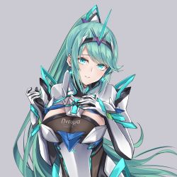 Rule 34 | 1girl, breasts, chest jewel, earrings, gloves, green eyes, green hair, grey background, head tilt, highres, jewelry, large breasts, long hair, pneuma (xenoblade), ponytail, sarasadou dan, simple background, solo, spoilers, swept bangs, tiara, upper body, very long hair, xenoblade chronicles (series), xenoblade chronicles 2