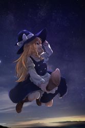 Rule 34 | 1girl, apron, black hat, black skirt, blonde hair, bow, braid, broom, broom riding, brown footwear, commentary request, gunsou1350, hand on headwear, hat, hat bow, highres, kirisame marisa, kneehighs, long hair, long sleeves, looking to the side, night, night sky, open mouth, skirt, sky, socks, solo, star (sky), starry sky, touhou, witch, witch hat