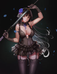 Rule 34 | 1girl, bare shoulders, black background, black gloves, black hair, black skirt, black thighhighs, blue flower, blue rose, breasts, brown eyes, cleavage, closed mouth, cowboy shot, emp (tcrp0423), flower, frilled skirt, frills, garter straps, gloves, hair ornament, katana, lace, large breasts, legs apart, long hair, looking at viewer, neck ribbon, original, petals, ribbon, rose, see-through, sheath, skirt, solo, standing, sword, thighhighs, unsheathing, very long hair, weapon