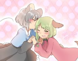 Rule 34 | 2girls, abe suke, animal ears, blush, capelet, closed mouth, commentary request, dress, closed eyes, facial hair, green eyes, green hair, grey hair, holding hands, interlocked fingers, kasodani kyouko, kiss, kiss day, long sleeves, mouse ears, multiple girls, mustache, nazrin, one eye closed, open mouth, pink dress, polka dot, polka dot background, short hair, touhou, yuri