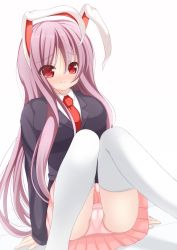 Rule 34 | 1girl, animal ears, bad id, bad pixiv id, between breasts, blush, breasts, cameltoe, chimunge, clothes between breasts, female focus, highres, long hair, necktie, panties, pantyshot, pink panties, purple hair, rabbit ears, red eyes, red necktie, reisen udongein inaba, shirt, sitting, skirt, solo, thighhighs, touhou, underwear, upskirt, wavy mouth, white thighhighs