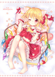 Rule 34 | 1girl, animal ears, ascot, blonde hair, cat ears, cat tail, commentary request, crystal, flandre scarlet, full body, kemonomimi mode, long hair, looking at viewer, lying, mimi (mimi puru), paw pose, pillow, red eyes, side ponytail, solo, tail, touhou, wings, wrist cuffs, yellow ascot