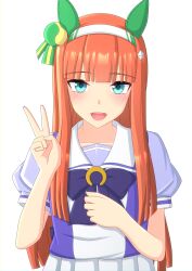 Rule 34 | 1girl, 2-butani, absurdres, animal ears, aqua eyes, blunt bangs, blush, breasts, closed mouth, commentary request, ear covers, ear ornament, hair ornament, hairband, headband, highres, hime cut, horse ears, horse girl, long hair, looking at viewer, open mouth, ribbon, school uniform, silence suzuka (umamusume), simple background, small breasts, smile, solo, tracen school uniform, umamusume, upper body, v, white background, white hairband