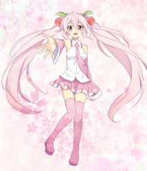 Rule 34 | 1girl, afuro (did), boots, cherry, detached sleeves, food, fruit, hatsune miku, long hair, necktie, open mouth, outstretched arm, pink eyes, pink footwear, pink hair, sakura miku, skirt, solo, thigh boots, thighhighs, twintails, very long hair, vocaloid