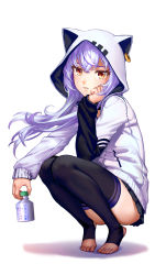 Rule 34 | 1girl, animal hood, as109, ass, azuma lim, azuma lim channel, bad id, bad pixiv id, black thighhighs, bottle, brown eyes, cat hood, closed eyes, expressionless, feet, highres, hood, hood up, hoodie, long hair, long sleeves, looking at viewer, no shoes, pleated skirt, purple hair, skirt, solo, squatting, stirrup legwear, thighhighs, toeless legwear, toes, virtual youtuber, white background, wind