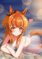 Rule 34 | 1girl, absurdres, ass, bad id, bad pixiv id, blurry, blurry background, blush, breasts, collarbone, completely nude, highres, horse girl, horse tail, long hair, looking at viewer, mayano top gun (umamusume), medium breasts, nude, onsen, orange eyes, orange hair, sif123456, signature, smile, solo, split mouth, tail, umamusume, water, wet