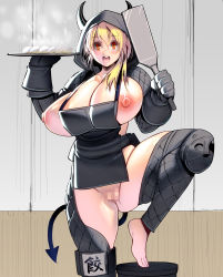 Rule 34 | 1girl, absurdres, apron, black horns, blonde hair, breasts, censored, covered erect nipples, cowboy shot, demon tail, dorohedoro, gloves, highres, holding, hood, hood up, horns, indoors, kouno (masao), large breasts, leg up, long sleeves, naked apron, nikaidou (dorohedoro), nipples, open mouth, pussy, red eyes, smile, tail